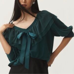 Maeve Green V Neck Ruffle Bow Sweater Large EUC